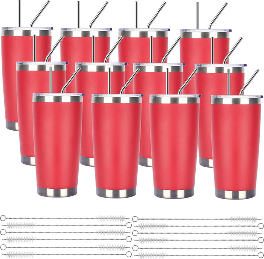 Pandance 20oz Stainless Steel Insulated Tumblers with Lid and Straw Bulk, Double Wall Vacuum Water Cups for Hot & Iced Coffee Drinks Travel Mug (Red, 12 pack)
