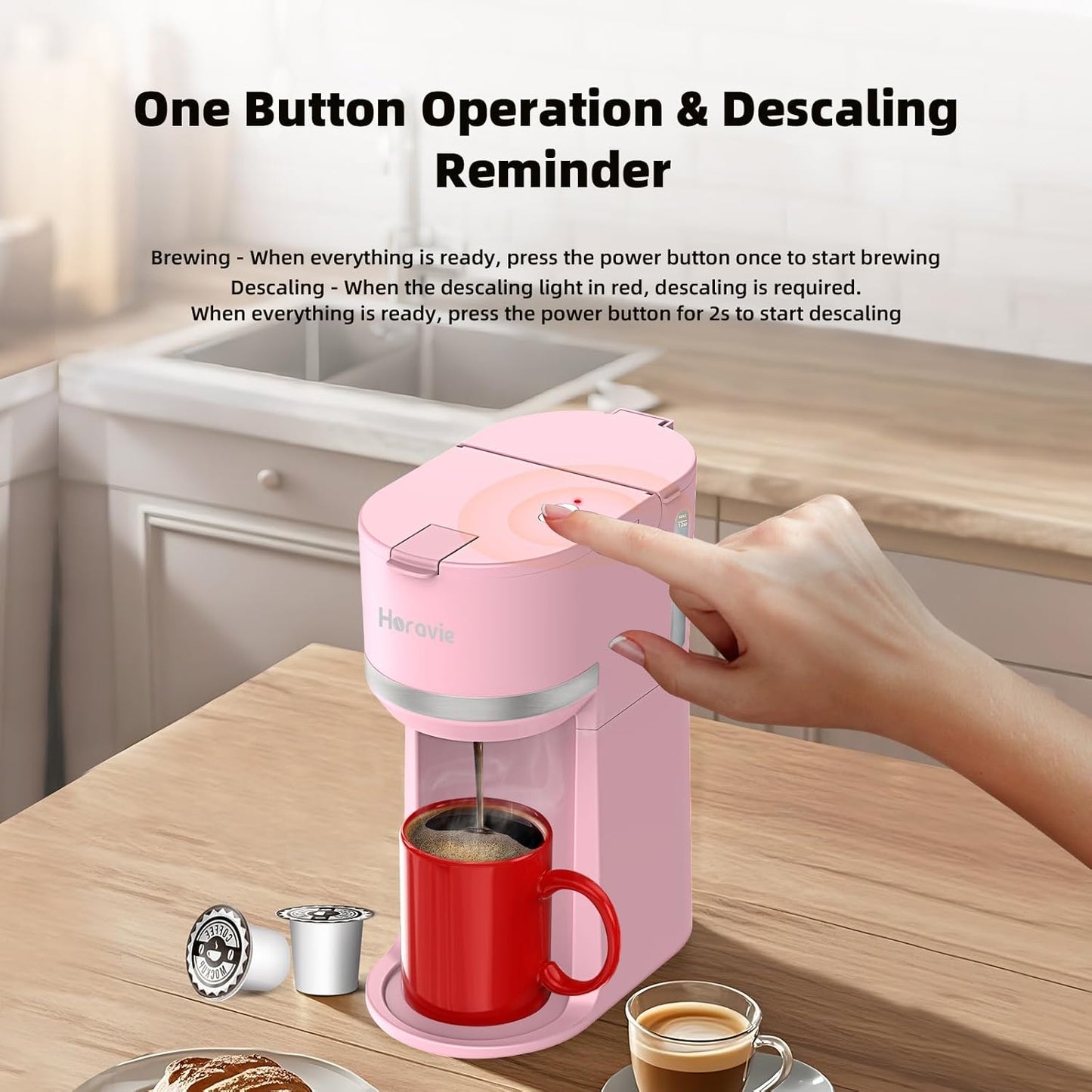 Mini Single Serve Coffee Maker for K Cup and Ground Coffee, Fast Brew One Cup Coffee Machine with Descaling Reminder and Water Window, 6 to 12 oz. Brew Sizes, Pink