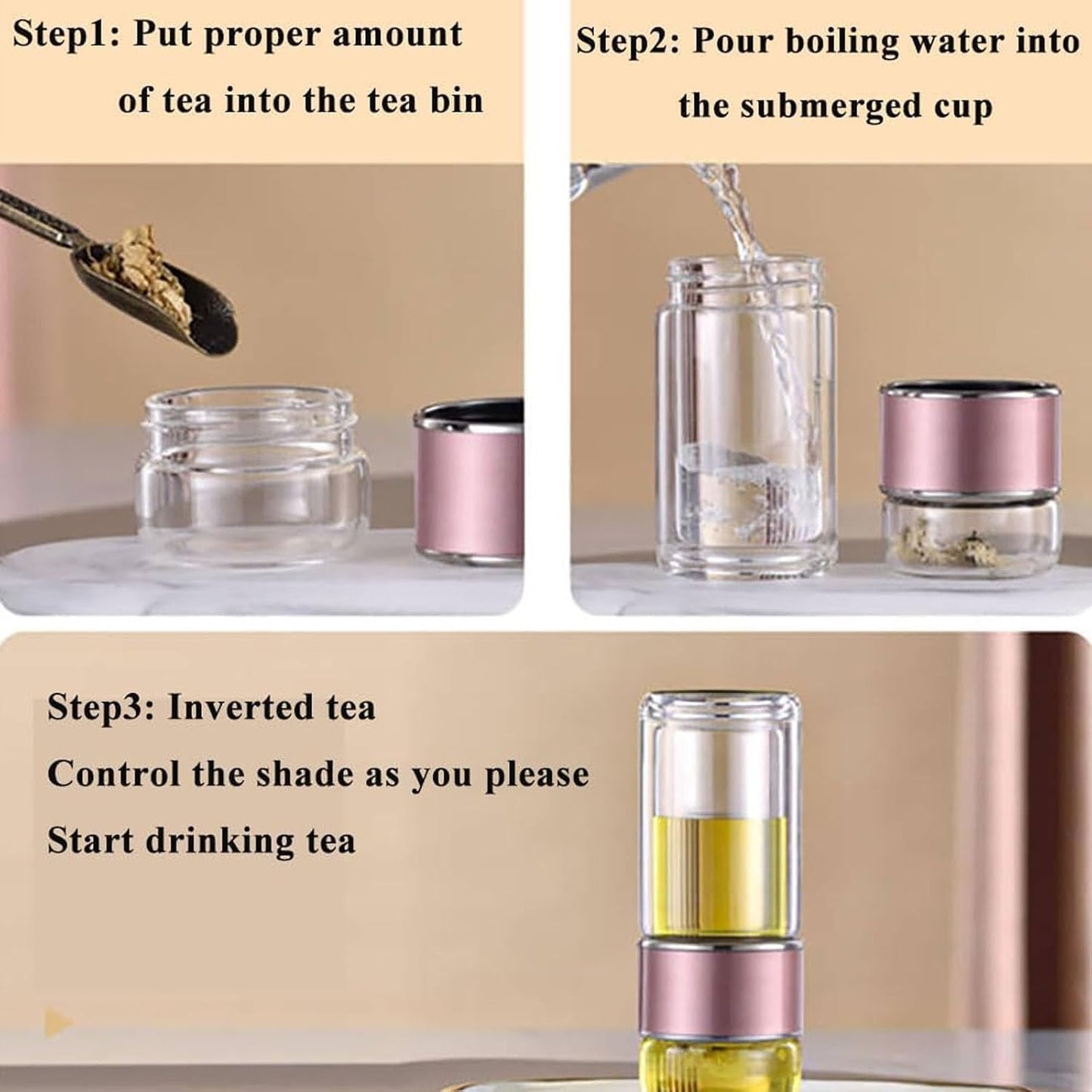 QUROXO 2025 New Tryteava Glass Infuser, Teava 3-In-1 Smart Tea Infuser with Cup Brush, Double-Layer Borosilicate Glass Tryteava Tea infusers Separation Cup (Black, 420ml (14oz))