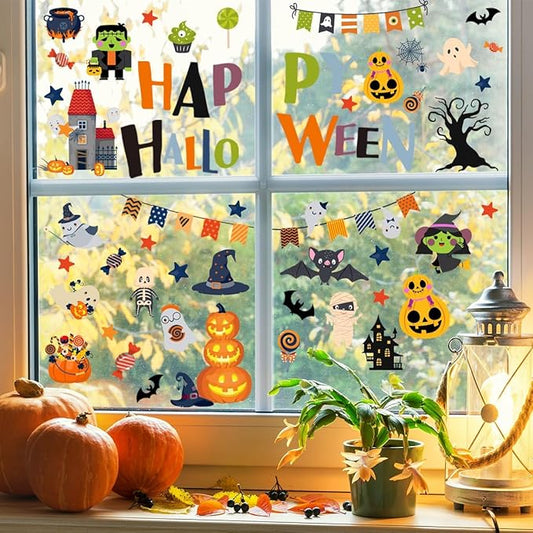 10 Sheets Halloween Window Clings Halloween Window Stickers Decorations Double-Sided Removable Castle Pumpkin Bat Glass Window Decals, Happy Halloween Window Clings for Kids Party Decorations