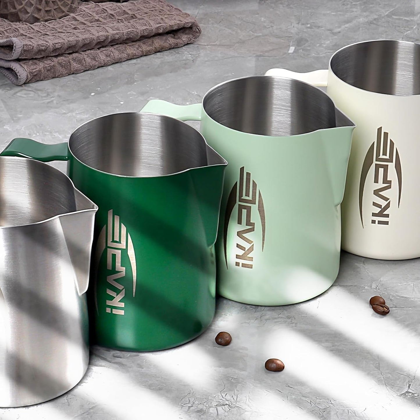 IKAPE Espresso Milk Pitcher, Espresso Steaming Pitcher with Sharp Spout for Espresso Barista Tool, 20.3 oz / 600ml Milk Frothing Jug (Green)