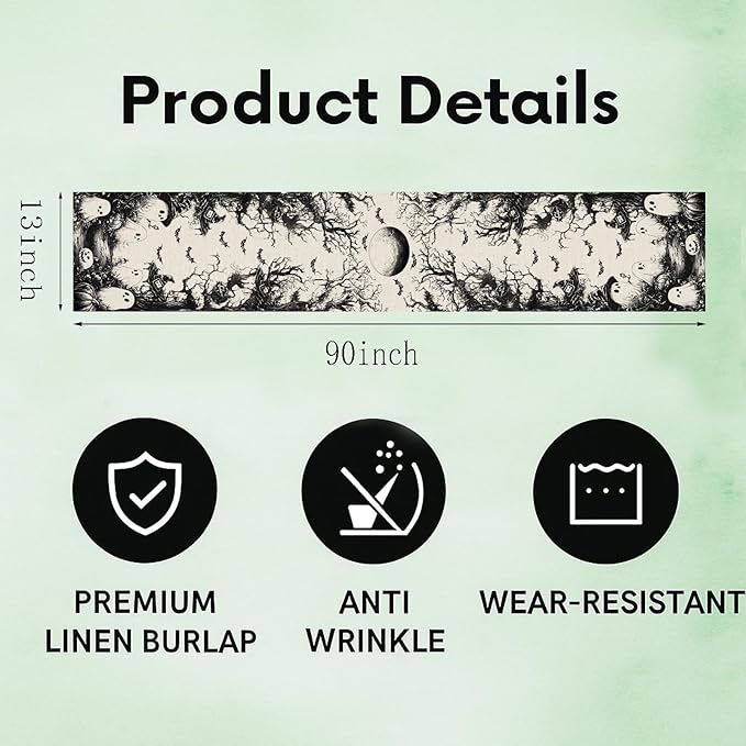 GPGHE Halloween Table Runner Black Ghost Holiday Burlap Table Decoration Indoor Outdoor Home Decor Party Supply 13 x 90 Inch