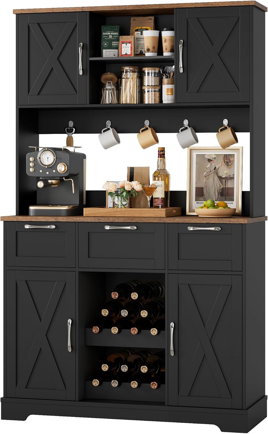 HIFIT 72" Large Kitchen Pantry Storage Cabinet with Barn Doors & Shelves, Farmhouse Tall Kitchen Hutch Wood Bar Cabinet w/3 Drawers, Microwave Stand, Cupboard Wine Rack for Dining Room, Pantry, Black