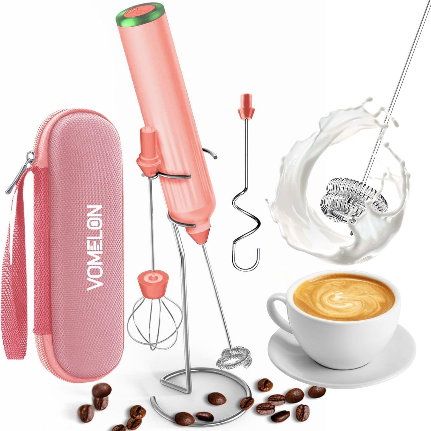 Milk Frother Handheld with 3 Stainless Steel Whisks, Rechargeable Electric Drink Mixer with Stand & Travel Case, Milk Foamer for Coffee, Latte, Cappuccino, Hot Chocolate, Egg,Jam Supplement-Pink