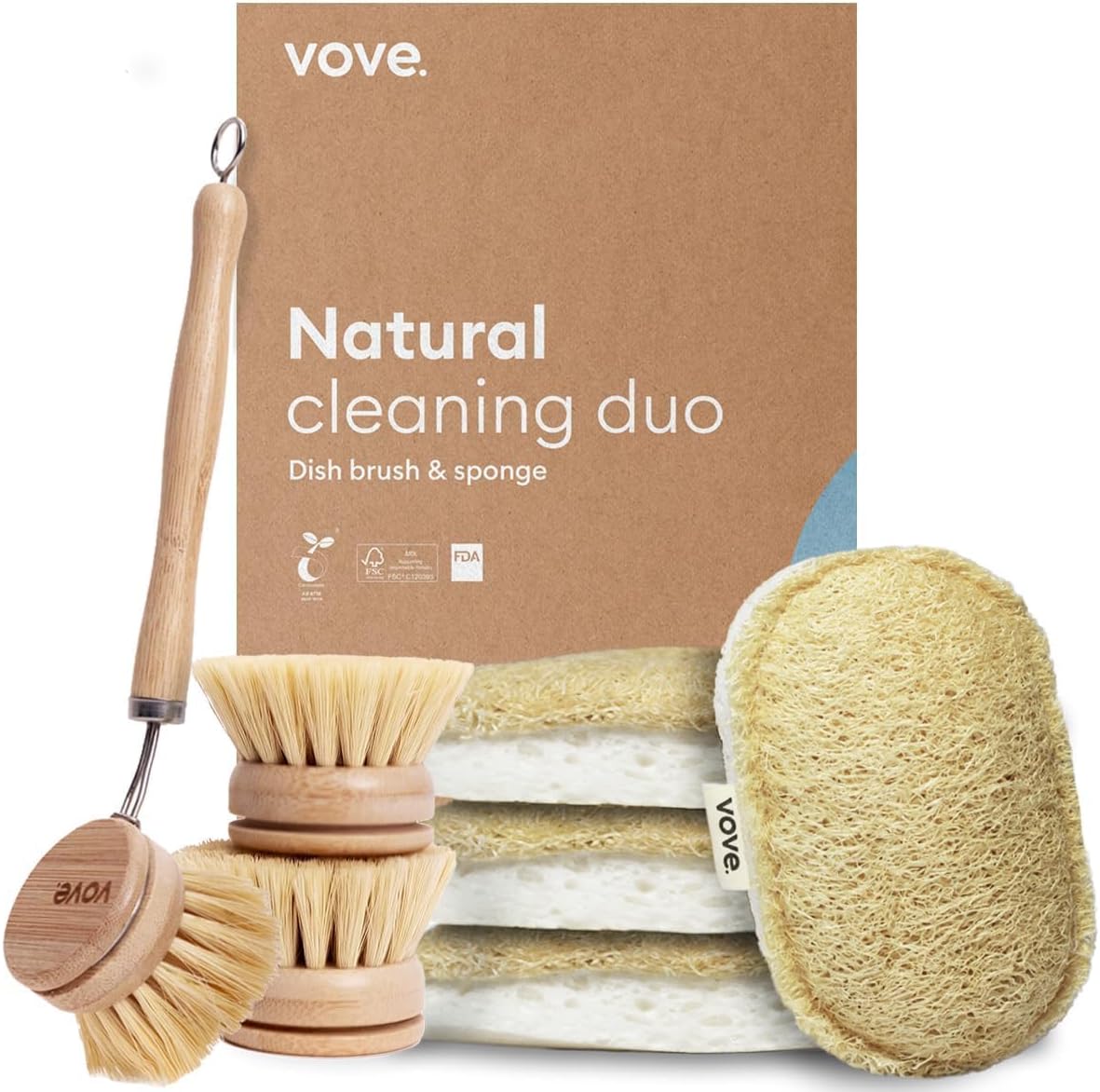 Vove Cleaning Duo, Bamboo Dish Brush Set and Natural Dish Sponges, FSC-Certified Bamboo, Sisal, Loofah, Cellulose, Plastic-Free, Eco-Friendly Zero-Waste Kitchen Dish Scrubber Set