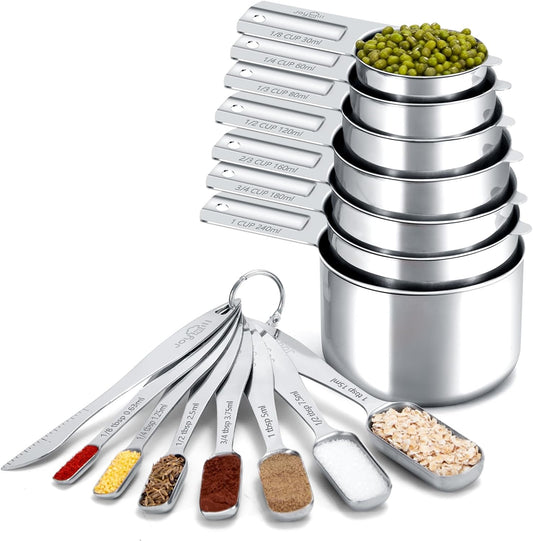 Joyhill Measuring Cups and Spoons Set of 15 Piece, Metal Stainless Steel Measuring Cups and Spoons Set for Baking Cooking, Dry and Liquid Ingredients