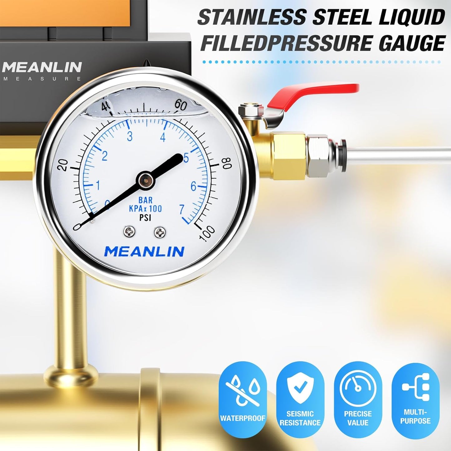 MEANLIN MEASURE 0~100Psi Liquid Filled Pressure Gauge Stainless Steel with 316 Stainless Steel Joint 1/4" NPT 2.5" FACE DIAL for Well Pump Tire Water Pressure Tester Center Back Mount