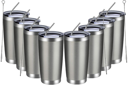 MEWAY 20oz Tumbler 8 Pack Double Wall Vacuum Insulated Travel Mug Bulk, Stainless Steel Tumblers with Lid and Straw, Durable Powder Coated Coffee Cups for Cold & Hot Drinks (Cold Gray, 8)