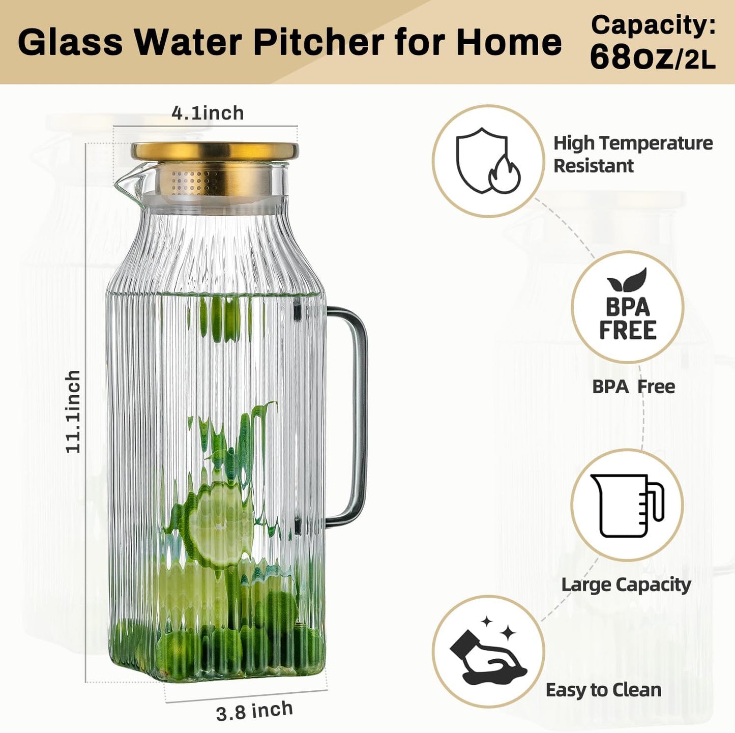 2 PACK Square Glass Pitcher with Lid and Spout,68 oz/2 Liter Vertical Stripes Water Pitcher for Fridge, Borosilicate Glass Water Carafe for Cold Brew, Coffee, Lemonade, Sun Tea,Heat Resistant