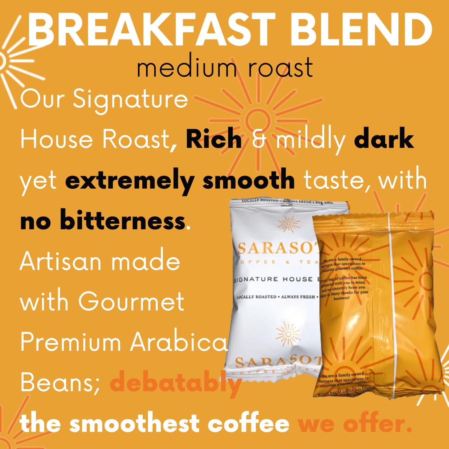 Sarasota Coffee Ground Packets | Gourmet Medium Roast Bulk Coffee Packs | Breakfast Blend | Low Acid Mold Free Singles Individual Pouches for 12 Cup Coffee Maker | 2.5 Ounce Bags, 36 Count