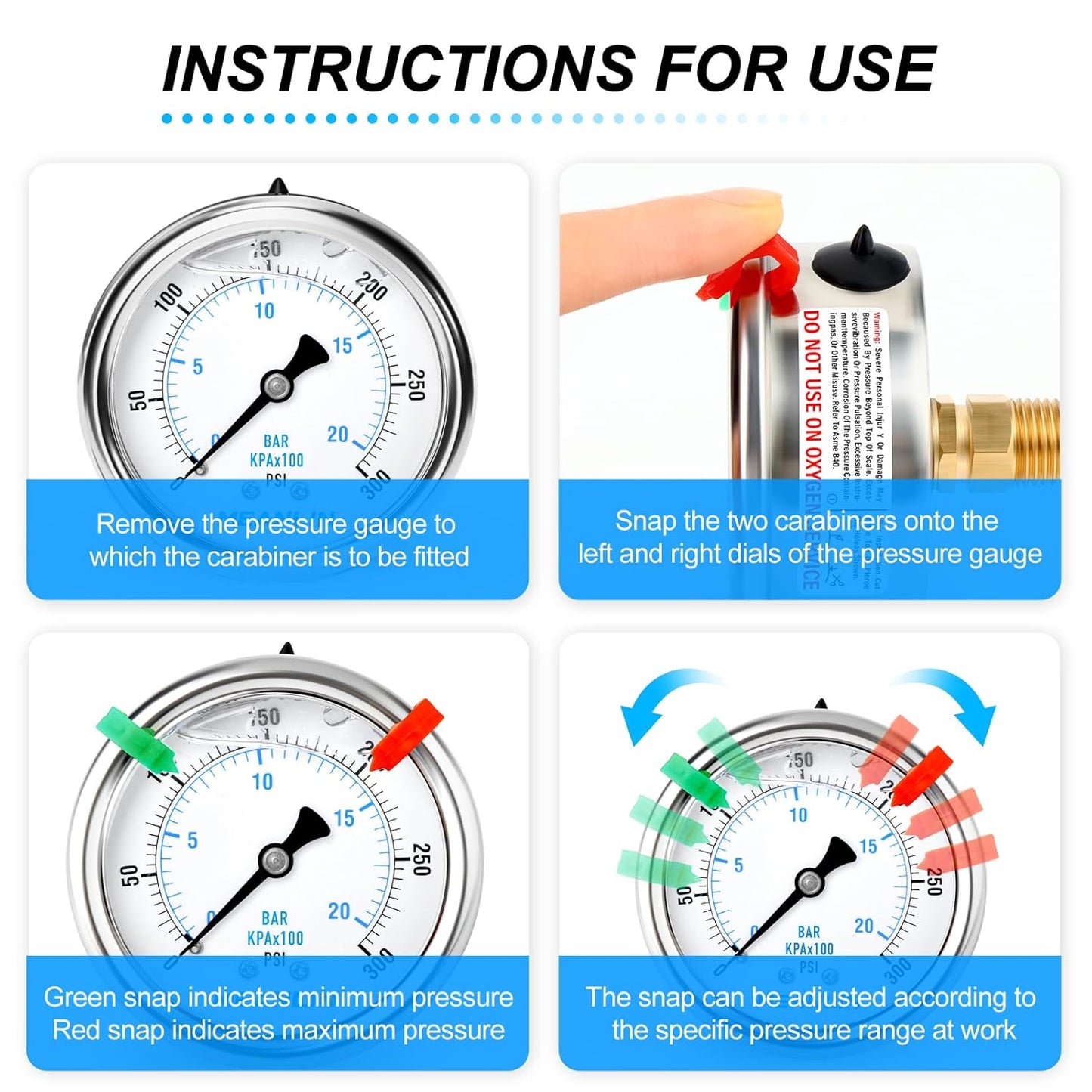 MEANLIN MEASURE 0~300Psi Liquid Filled Pressure Gauge 1/4" NPT 2.5" FACE DIAL Stainless Steel Glycerin Filled WOG Water Oil Air Back Mount (with 2PCS Snaps)