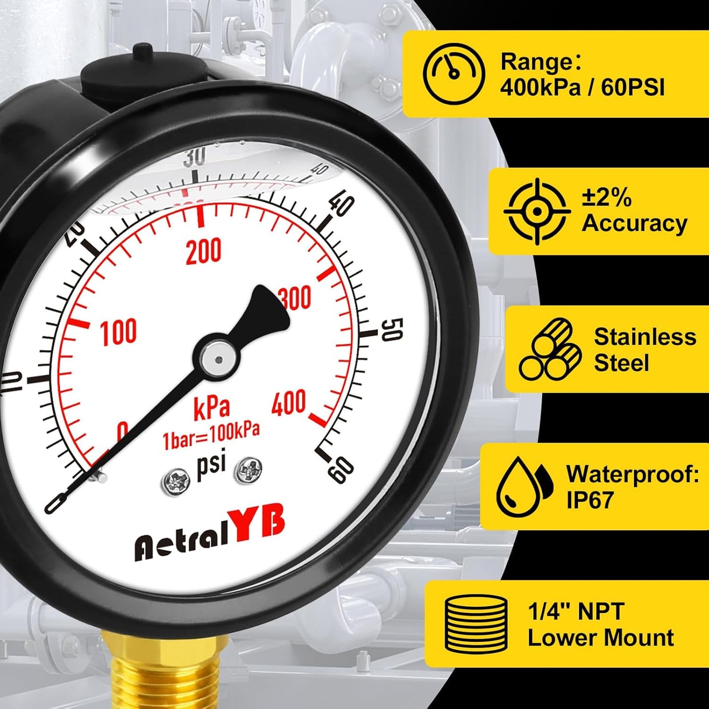 60 Psi 304 Stainless Steel,Glycerin Filled, 2.5" Dial, 1/4" NPT Lower Mount, Pool Pump Pressure Gauge Replacement for Swimming Pool, Spa and Aquarium Valve Filter, IP67 Waterproof