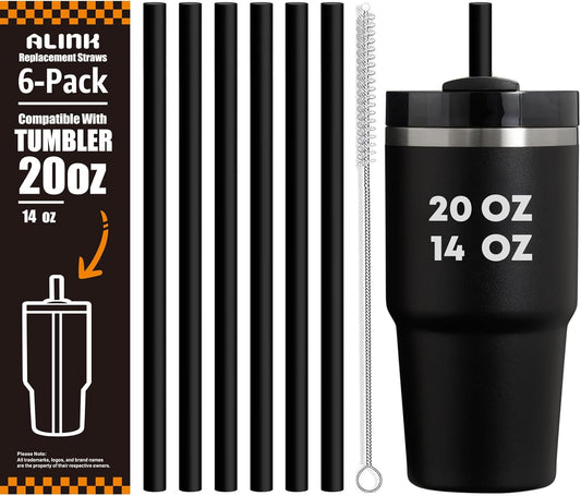 ALINK Black Replacement Straws for Stanley 20oz 14oz Tumble, 6 Pack Reusable Straws for Stanley Quencher 20oz 14oz Cups with Cleaning Brush, Dishwasher Safe and BPA Free