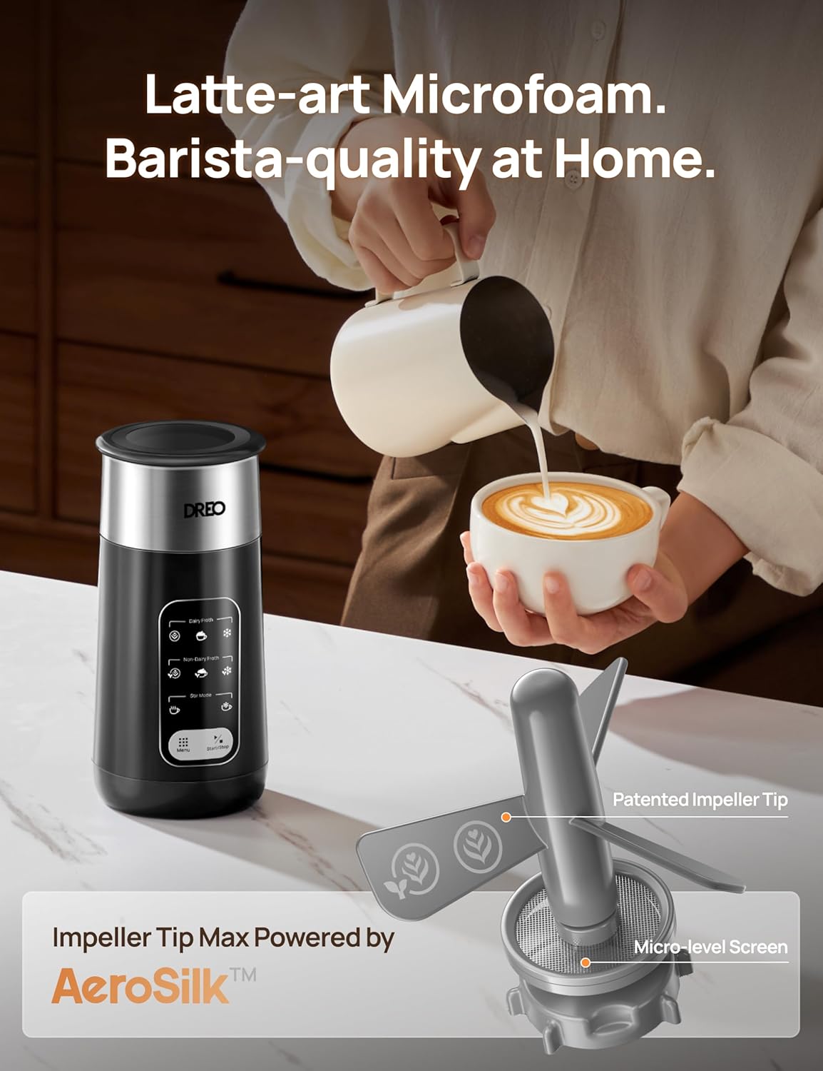 DREO 8-in-1 Milk Frother, Electric Stainless Steel Frother for Latte Art Microfoam and Coffee, 9oz/270ml Warm and Cold Foam Automatic Frothers, LED, Easy to Clean