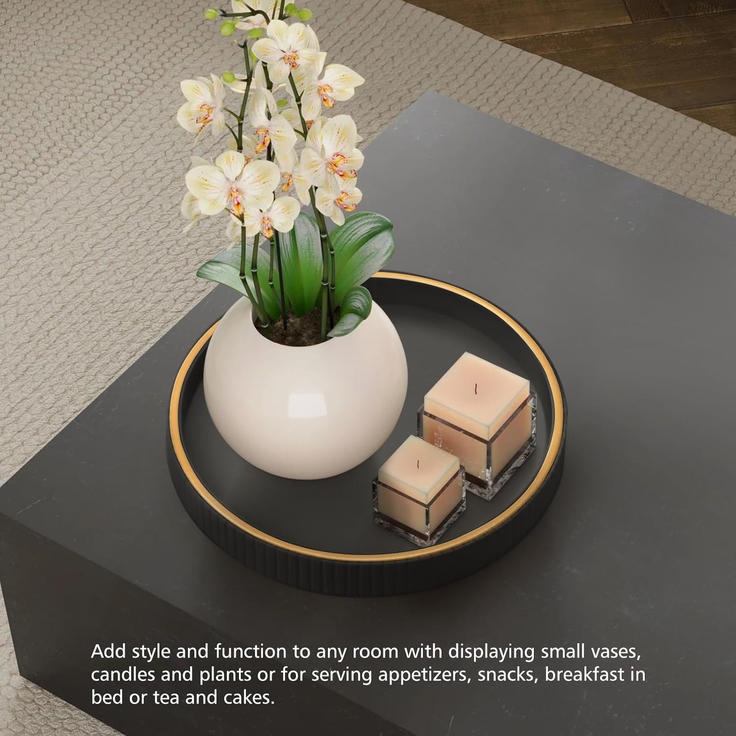 SANZIE Leather Desktop Storage Organizer Premium Serving Tray for Sundries, Cosmetics, Phone, Wallet, Cutlery - Decorative Valet Tray, Black