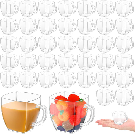 Amyhill 100 Pcs Disposable Tea Cups Mini Plastic Tea Cup Bulk with Handle Hard Plastic Coffee Mug Disposable Square Espresso Mug for Party Catering (Transparent)