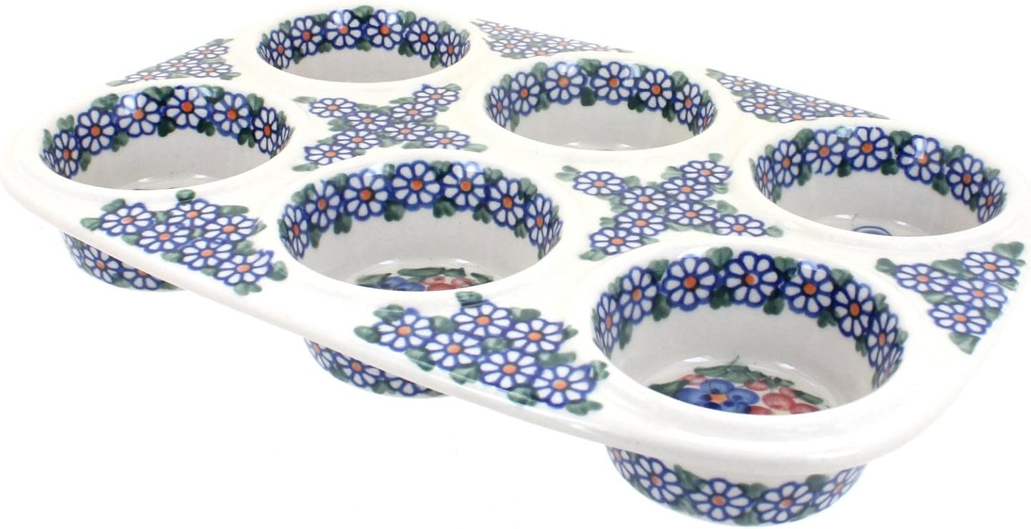 Blue Rose Polish Pottery - Blue Garden Butterfly Muffin Pan - 12" x 8" - Ceramic Baking Dish, 6-Cup Muffin & Cupcake Pan