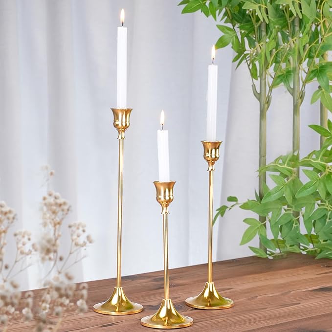 Metal Candle Holders for Candlesticks Taper Candlestick Holders Set Vintage Decorative Centerpiece Candelabra Tall Candle Stands for Halloween Thanksgiving Christmas (Gold, 2 Sets (6 pcs))