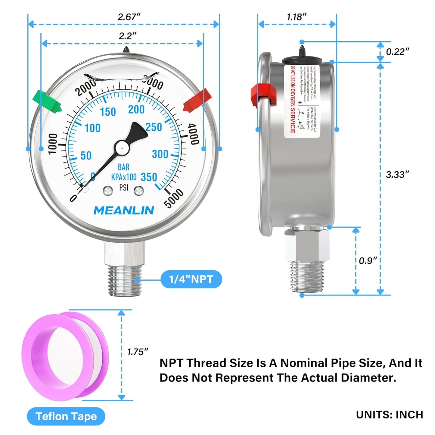 MEANLIN MEASURE 0~5000Psi Liquid Filled Pressure Gauge Stainless Steel 2.5" FACE DIAL 1/4" NPT 316 Stainless Steel Joint for WOG Water Oil Air Lower Mount, with 2PCS Snaps