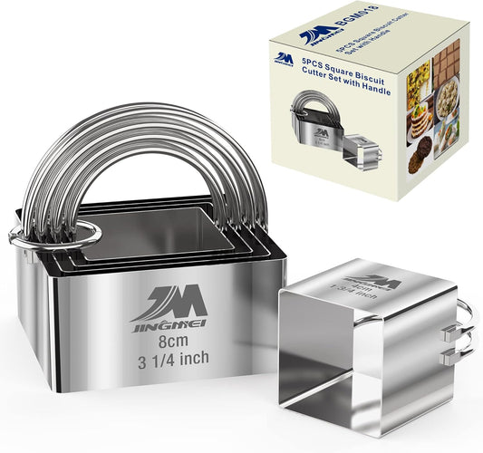 Square Biscuit Cutter Set 1.75inch 2inch 2.25inch 2.75inch 3.25inch, Stainless Steel Cookies Cutter with Handle, Professional Baking Dough Tools,5pcs set GIFT PACKAGE