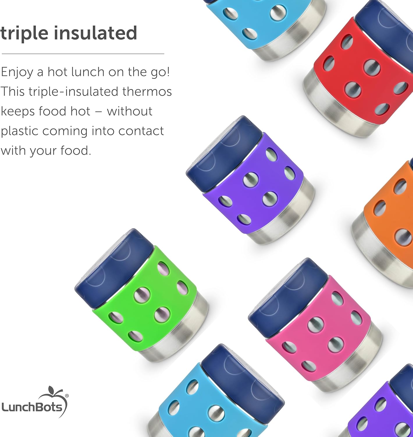 LunchBots Thermal 8 oz Triple Insulated Thermos - Hot 6 Hours or Cold 12 Hours - Leak Proof Thermos Soup Jar - All Stainless Interior - Navy Lid - Purple Dots