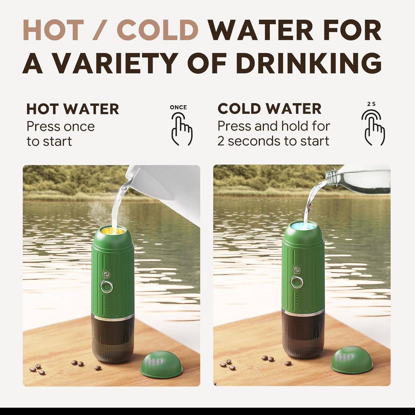 Rich Crema Portable Electric Espresso Coffee Maker, Fast self-heating 2 IN 1 Extraction System Espresso Machine, Support Ground Coffee and NS capsule, for Travel,Car,Hiking,Climbing（Green）