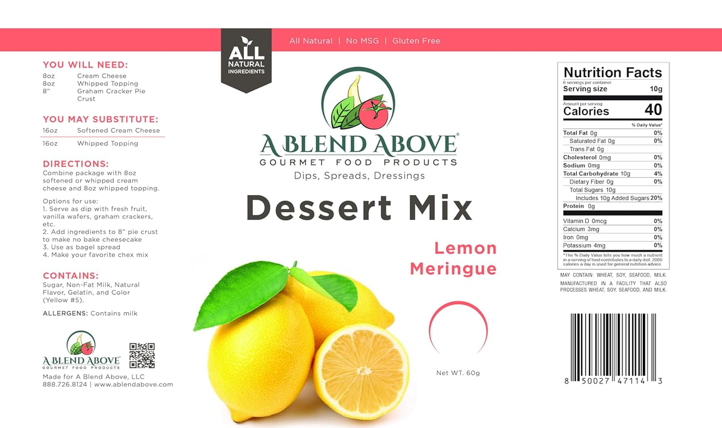 A Blend Above Lemon Meringue Pie Mix - No-Bake Desserts, All Natural, Vegan, Gluten Free, No MSG - Instant Dessert Mix, Fruit Dip, Bagel Topping, Frosting, Cheesecake Filling - Makes 16 Oz (Pack of 3)