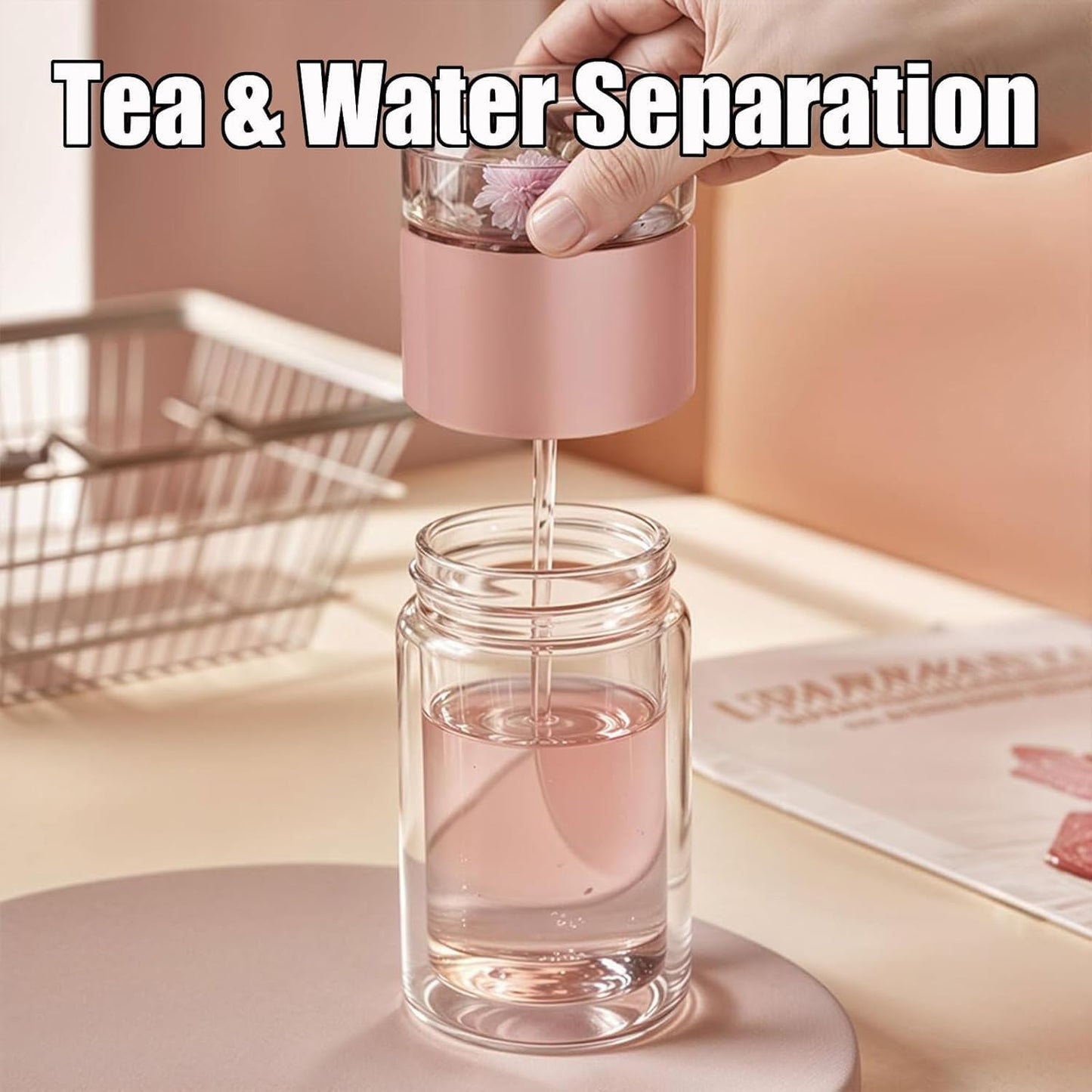 Tryteava Glass Infuser, Tryteava 3-in-1 Smart Tea Infuser, Portable Glass Double Wall Tea Infusers Bottle, with Stainless Steel Filter, Hot & Cold Brew, For Loose Leaf, Office Home (Silver, 420ml)