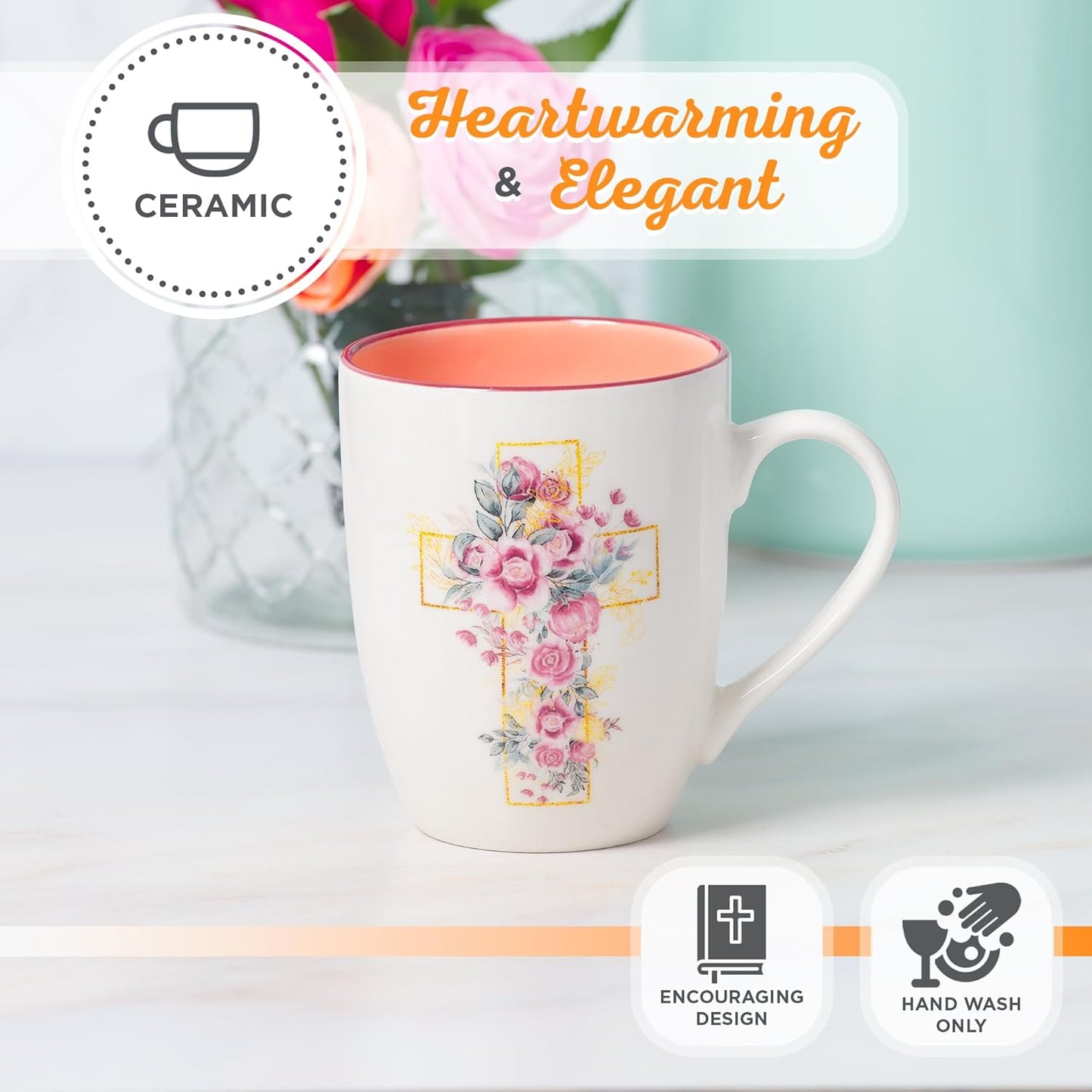 Christian Art Gifts Encouraging Ceramic Coffee & Tea Mug for Women: Rosy Pink Floral Cross, Microwave & Dishwasher Safe Cup, Cute Lead-free Inspirational Encouraging Novelty Drinkware, White, 12 oz.