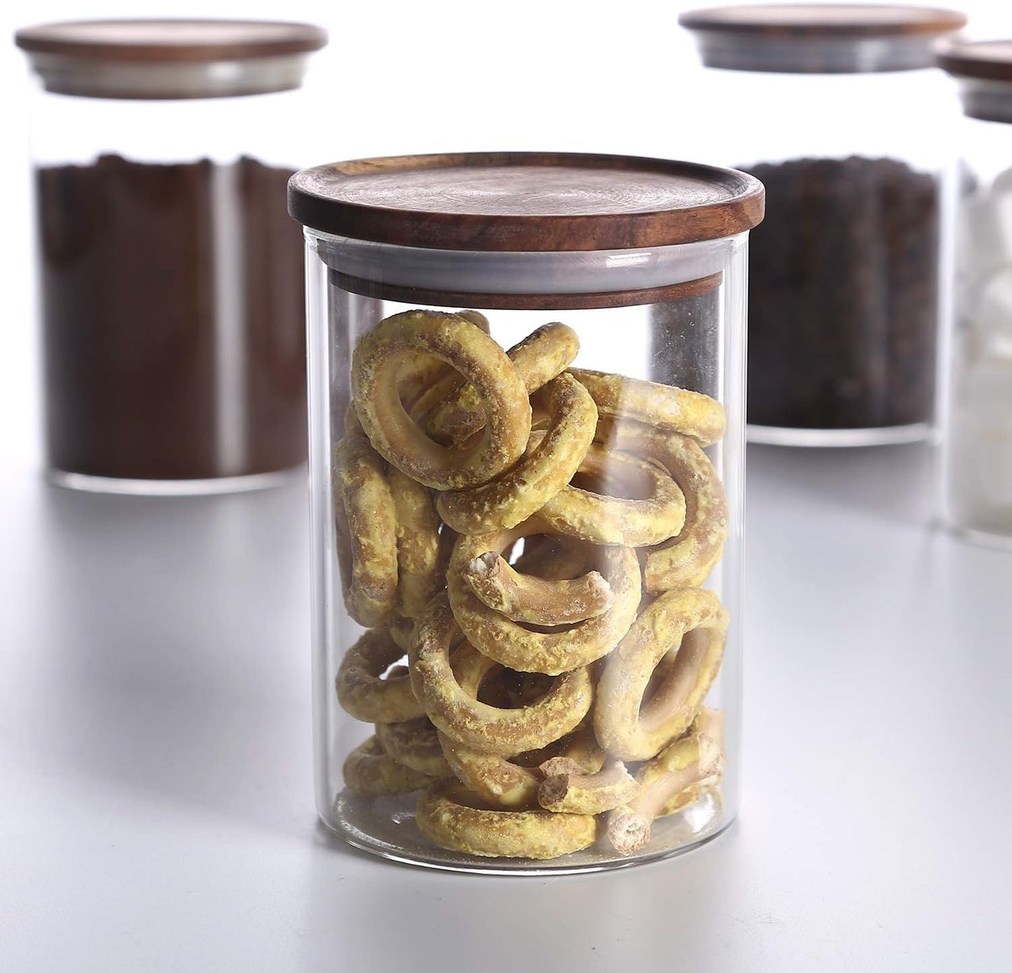 KKC HOME ACCENTS Airtight Glass Loose Tea Storage Container For Loose Leaf Tea,Ground Coffee,Glass Storage Jar with Airtight Acacia Wood Lids,Sealed Jars,25 Fl oz