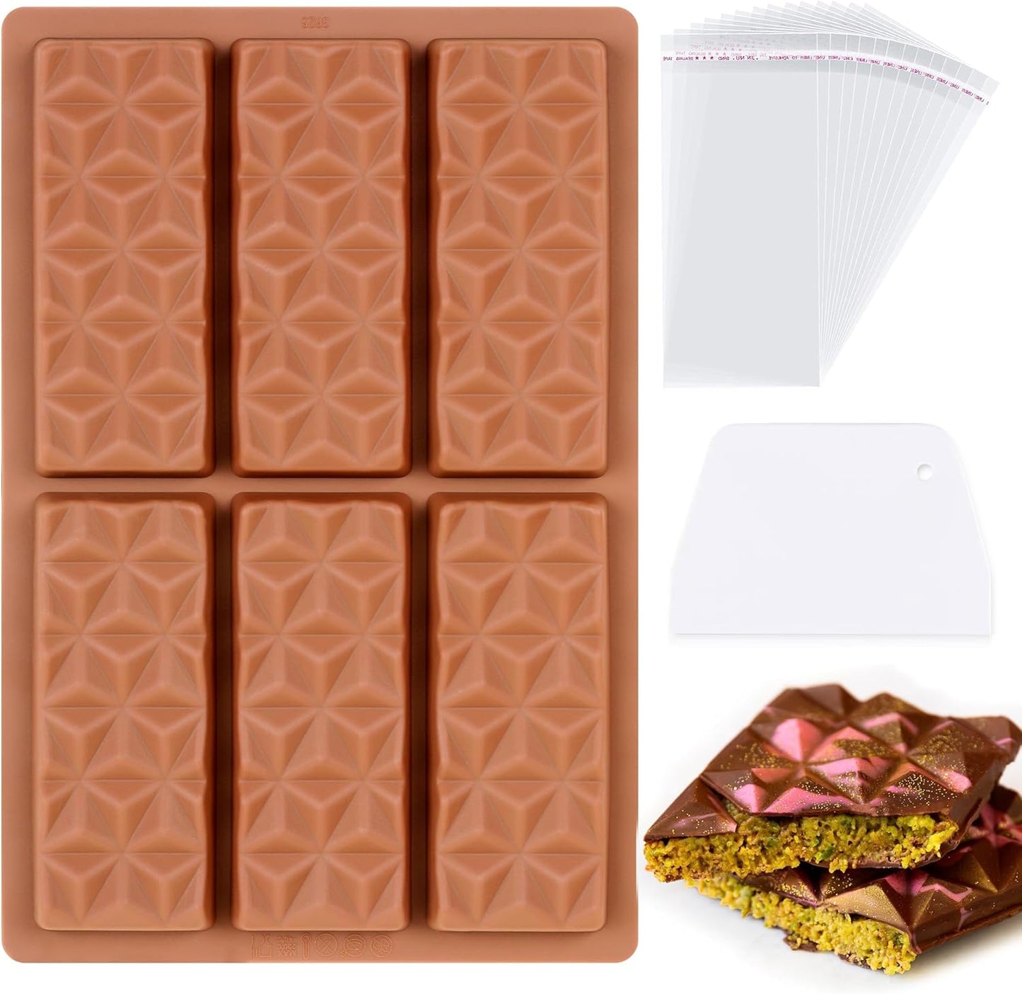 1 Pc Chocolate Bar Mold Deep Dubai Stuffed Silicone Molds for Filling Knafeh Pistachio Chocolate Bar and Wax Melts Rectangle Thick Candy Bar Molds Break Apart (Pyramid）