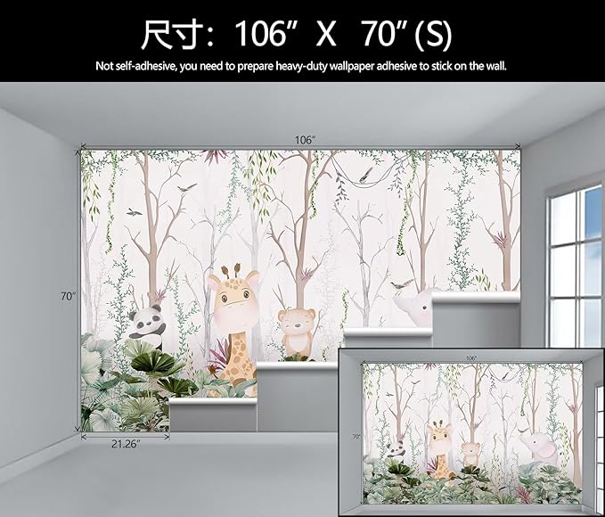 WFBHUA-Kids Tree Wallpaper Cute Animals Plants Bird Wall Decor Mural for Nursery Boys Girls Bedroom Room (Not Peel and Stick)