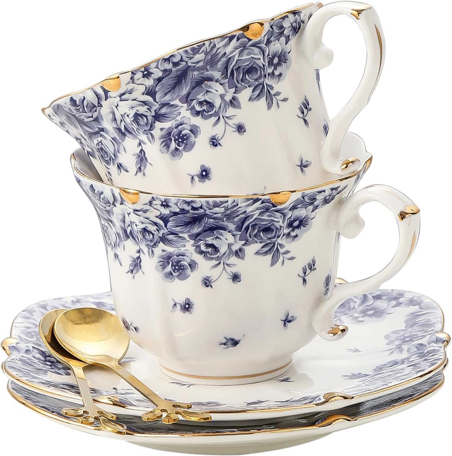 TATSUMI Country Roses Bone China Tea Cup and Saucer Set, 6 Pieces, Vintage Style, For Women and Tea Parties（sky blue，2 sets）