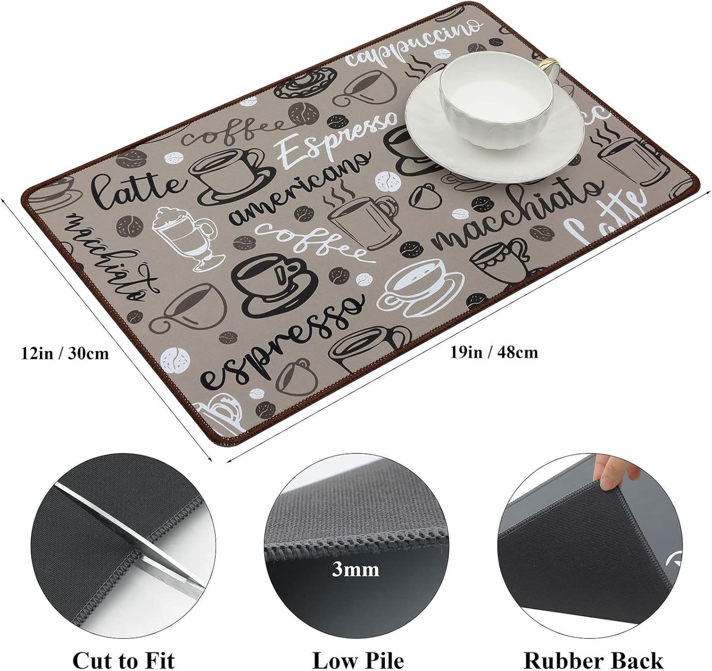 SHACOS Coffee Mat 2-Pack 12x19 Inch Absorbent Non Slip Coffee Maker Mat for Countertop Bar Accessories Espresso Machine Mat Dish Drying Mat Heat Resistant, Khaki