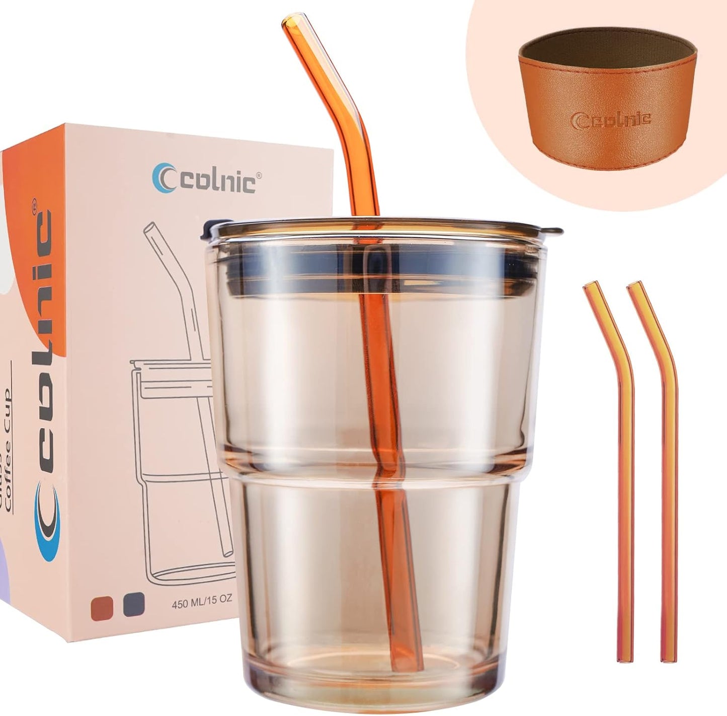 Iced Coffee Cup, 15 oz Glass Cups With Lids And Straws, Iced Coffee Glasses Tumbler, Thick Wall Mug For Tea Water With 2 Straw And Leather Sleeve, Glass Tumbler Gifts