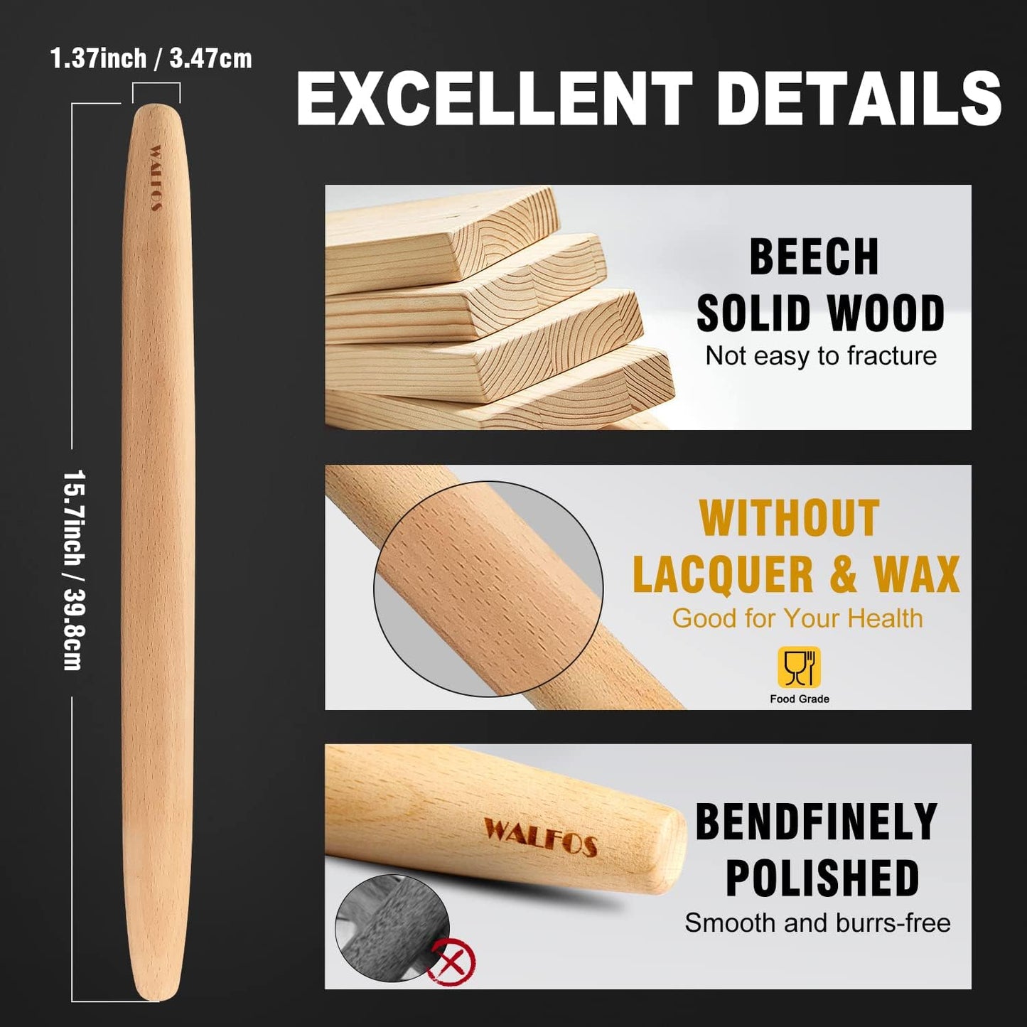 WALFOS French Rolling Pin for Baking, Tapered Design Natural Beech Wood Rolling Pins, Essential Kitchen Dough Roller for Fondant, Pizza, Pie, Cookie and Pastry