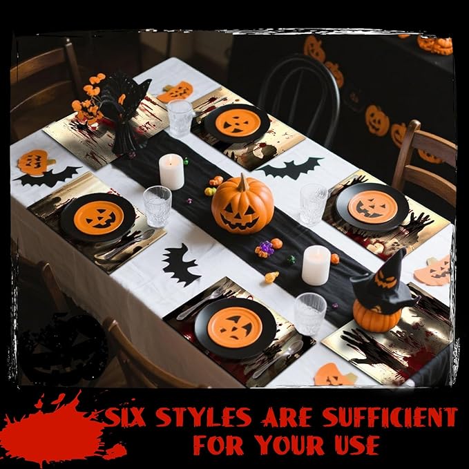 Umigy 6 Pcs Halloween Placemats 12"x18" Gothic Bat Placemats Kitchen Decoration Washable Witch Place Mats Rectangle Skull Table Mats for Halloween Dining Table Accessories (Bloody Hands Style)