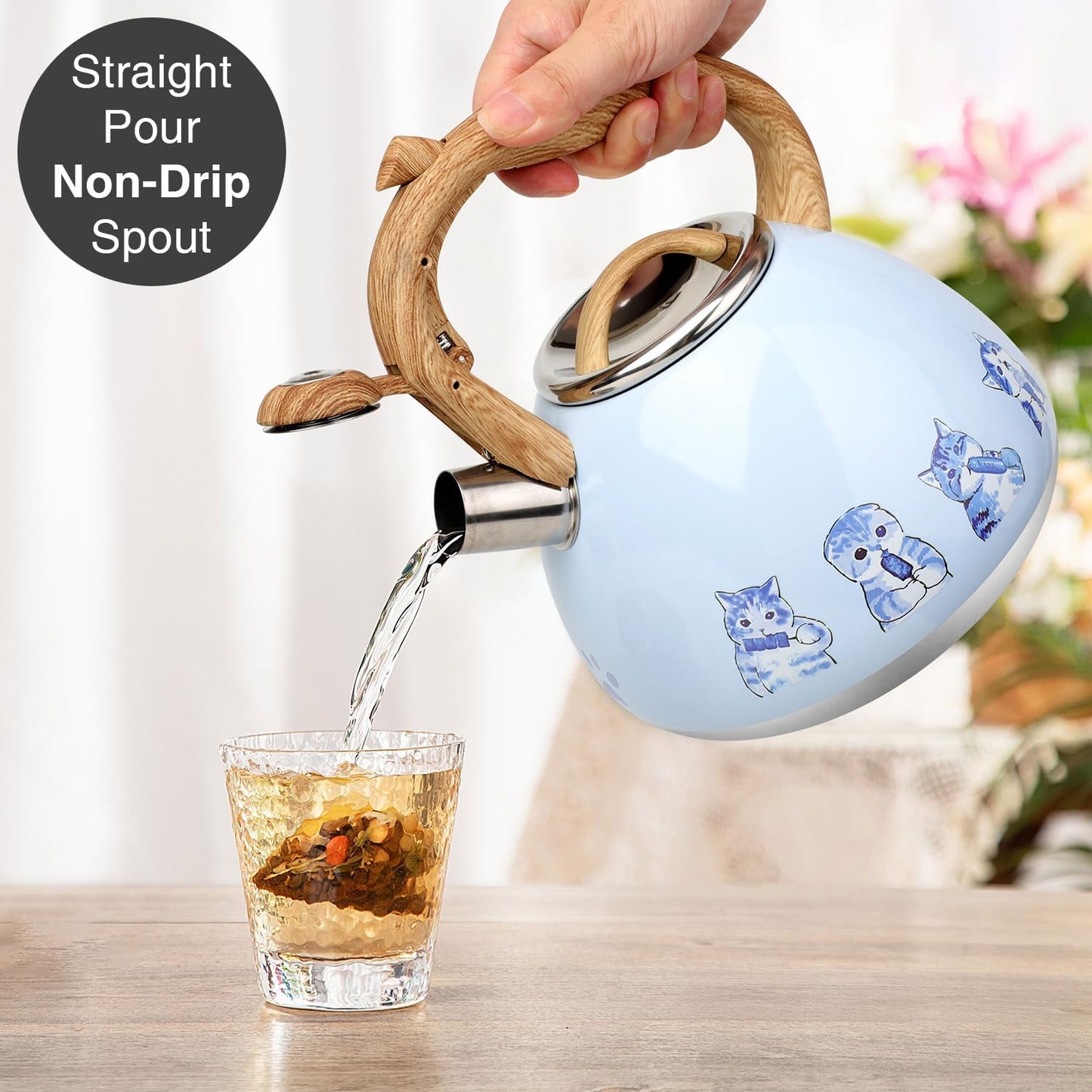 Tea Kettle, Toptier Teapot Whistling Kettle with Wood Pattern Handle Loud Whistle, Food Grade Stainless Steel Tea Pot for Stovetops Induction Water Kettle, 2.7-Quart Blue Cat