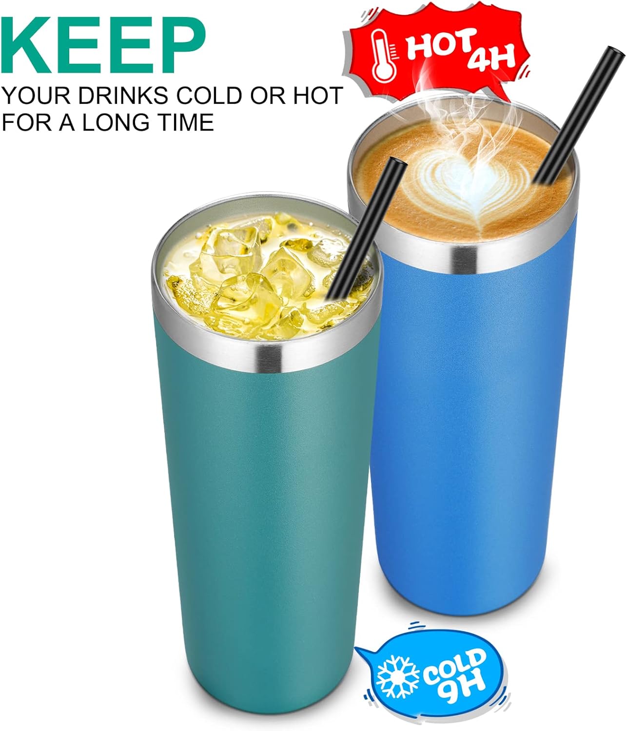 VEGOND Stainless Steel Skinny Tumbler, 20 oz Vacuum Insulated Tumbler with Lid and Straw, Double Wall Coffee Cup, Travel Mug for Cold Hot Drinks, Dark Green 1 Pack