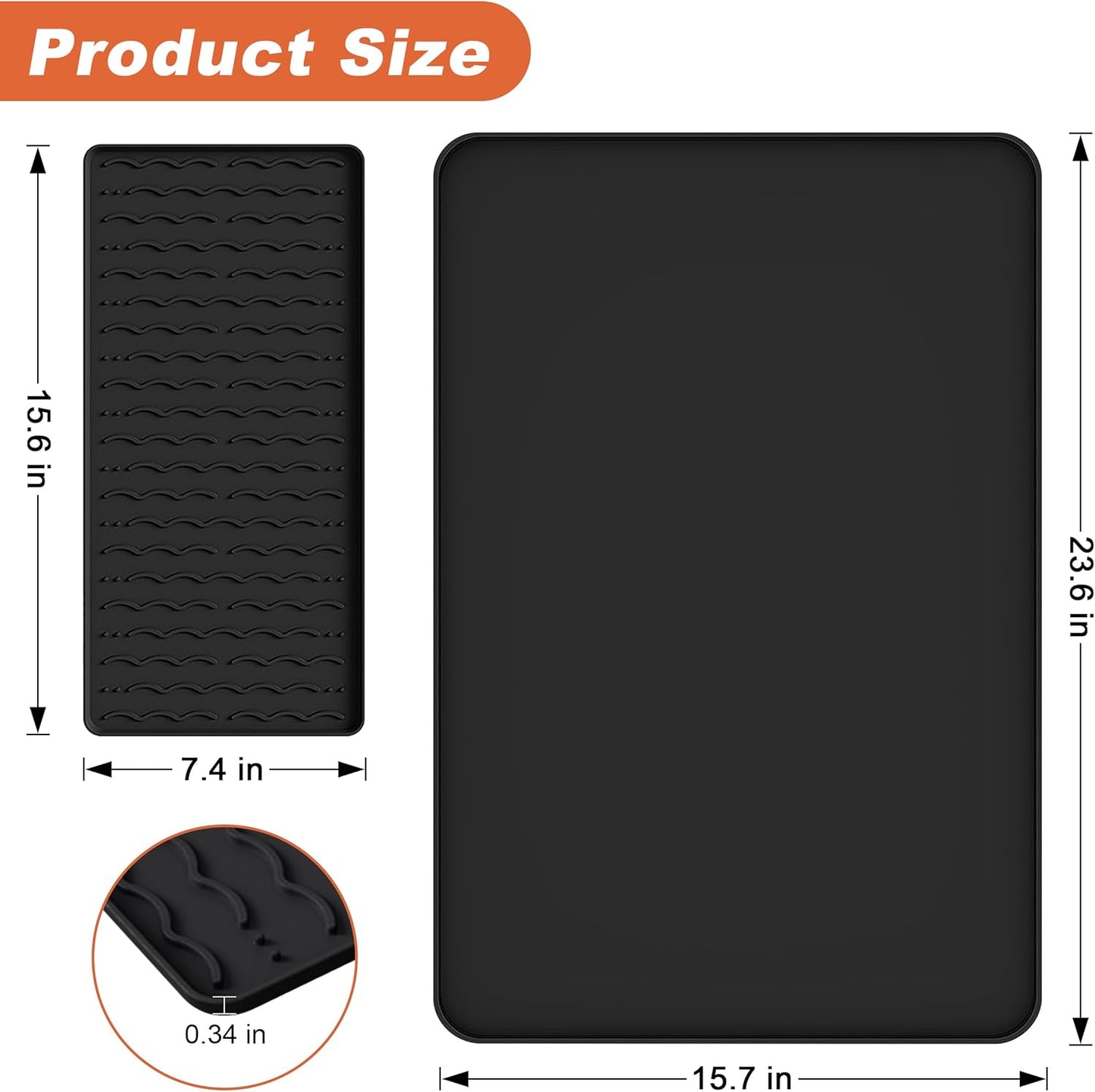 Silicone Coffee Mat, 24 x 16 Inch Non-Slip Heat Resistant, Large and Small Combination Bar Mat, Convex Edge Spill Resistant Design for Coffee Machines and Kitchen Countertops,Wave Pattern Black
