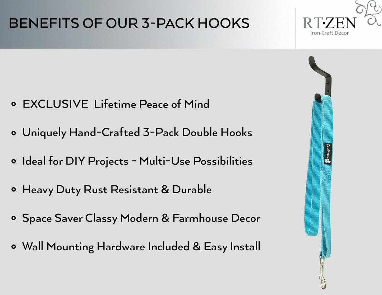 RTZEN Wall Mount Hook Set - Wrought Iron Decorative Rustic Metal Coat Hooks for Hanging - Handcrafted Classic Farmhouse Wall Mounted Black Hooks for Towel Robe or Hat Hanging - 3 Pack