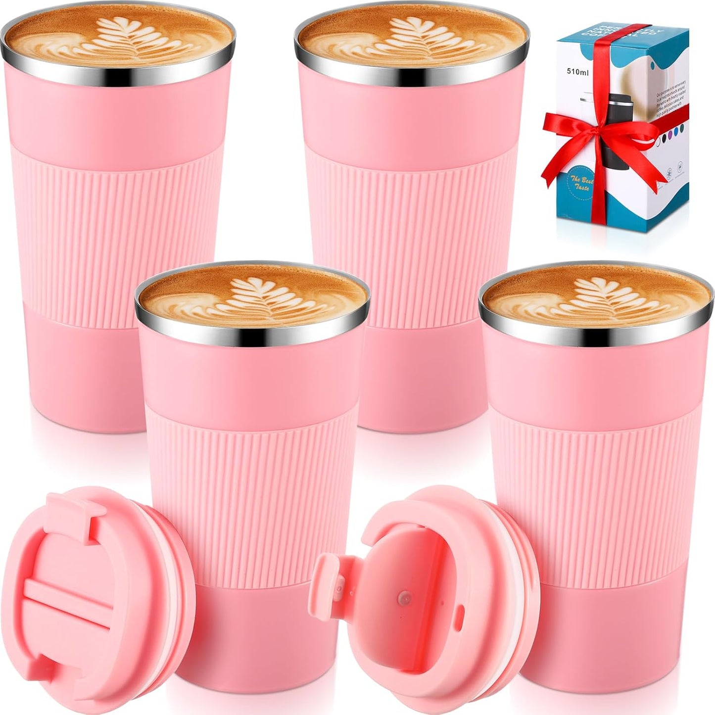 Sabary 4 Pack 16 oz Bulk Travel Coffee Mug with Lid Reusable Vacuum Insulated Coffee Tumbler Double Wall Thermal Stainless Steel Camping Tea Cup for Christmas Winter Drinks Employee Gift(Pink)