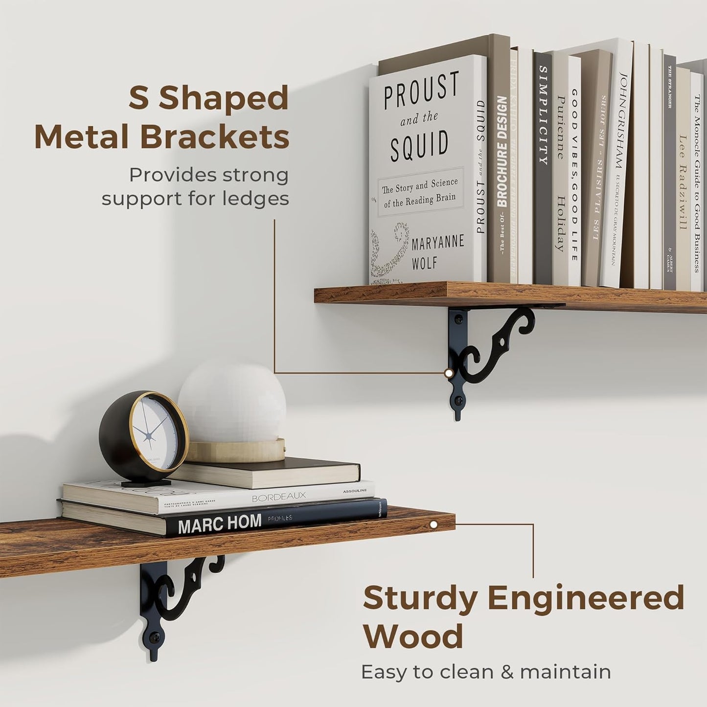 RICHFOCUS Floating Shelves for Wall Decor, 47.3W x 8D Wall Shelves Set of 2, 8 Inch Deep Rustic Wood Shelves Wall Mounted with Brackets, Long Shelves for Living Room Bedroom Kitchen, Rustic Brown