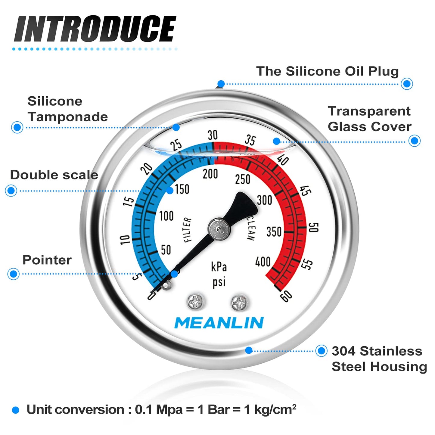 MEANLIN MEASURE 1/4" NPT 0-60psi Pressure Gauge, 2" Dial Glycerine Filled Pool Filter, 304 Stainless Steel Housing, Back Mount, with 1/2" NPT and 3/8" NPT Hex Bushing