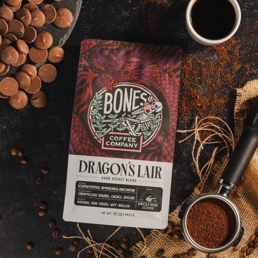 Bones Coffee Company Dragon's Lair, Smokey, Cacao and Caramelized Sugar Notes, Unflavored Coffee, Medium Roast Low Acid Arabica Beans Compatible with Auto drip and French Press Coffee Maker, 12 Oz Whole Bean