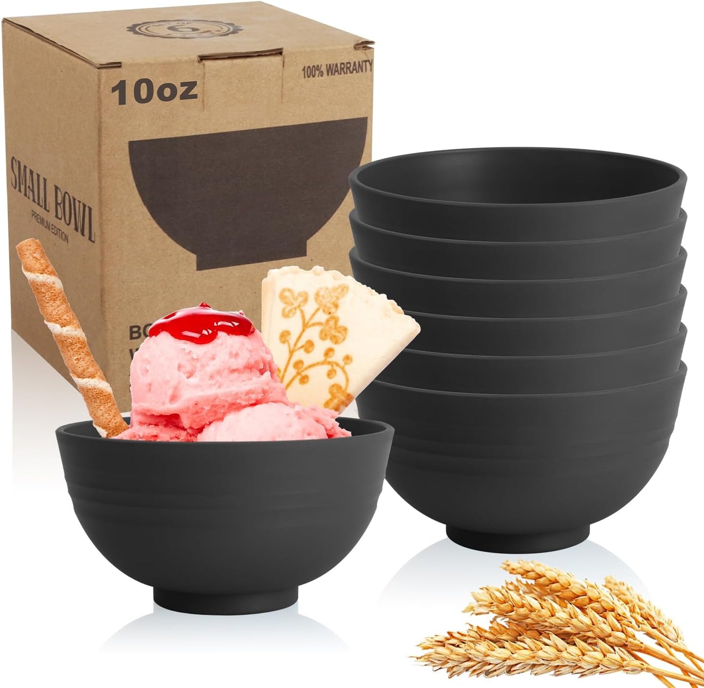 Handy Wheat Straw Bowls Set of 6,Unbreakable Ice-Cream Bowls Sets for Kids,10oz Small Dessert Bowls for Kitchen,Camping and RV.Black Series