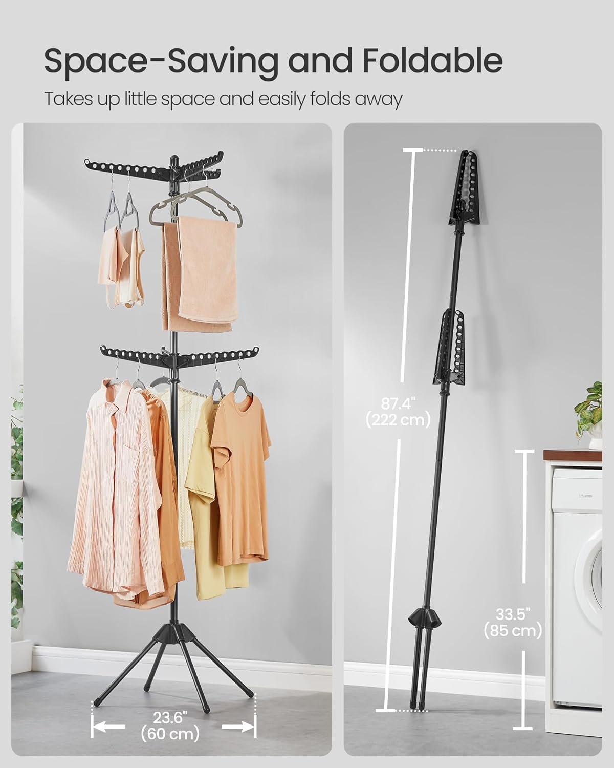 SONGMICS 2-Tier Clothes Drying Rack, 75.2-Inch Folding Laundry Drying Rack with 6 Rotatable Arms for Hangers, Stainless Steel, for 54 Pieces of Clothes, Black ULLR514B01