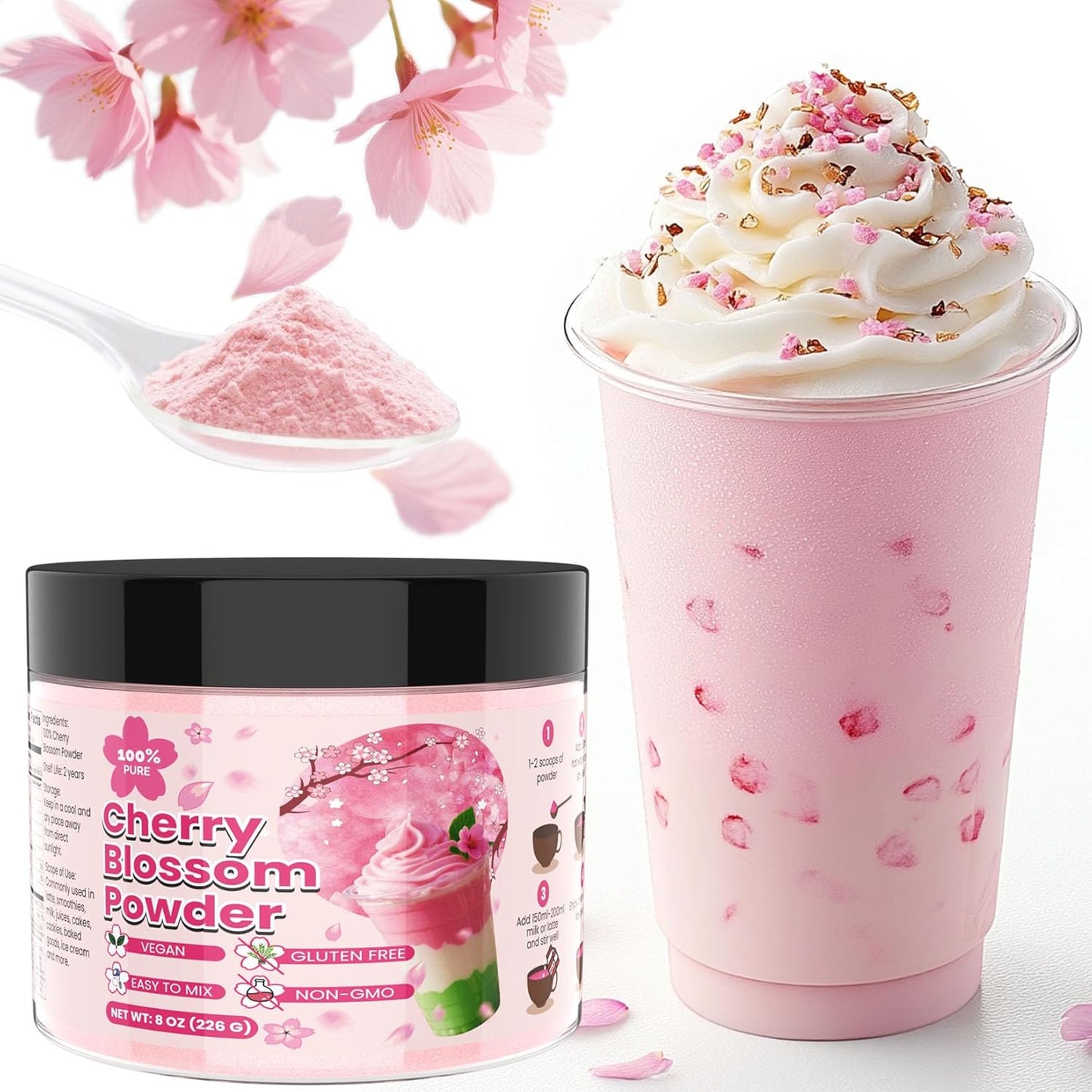 Cherry Blossom Powder - 8oz No Additive Sakura Powder for Baking, 100% Spring Season Cherry Blossom, Pink Color Natural Food Coloring, Perfect for Latte, Smoothies, Drinks - Vegan, Gluten Free
