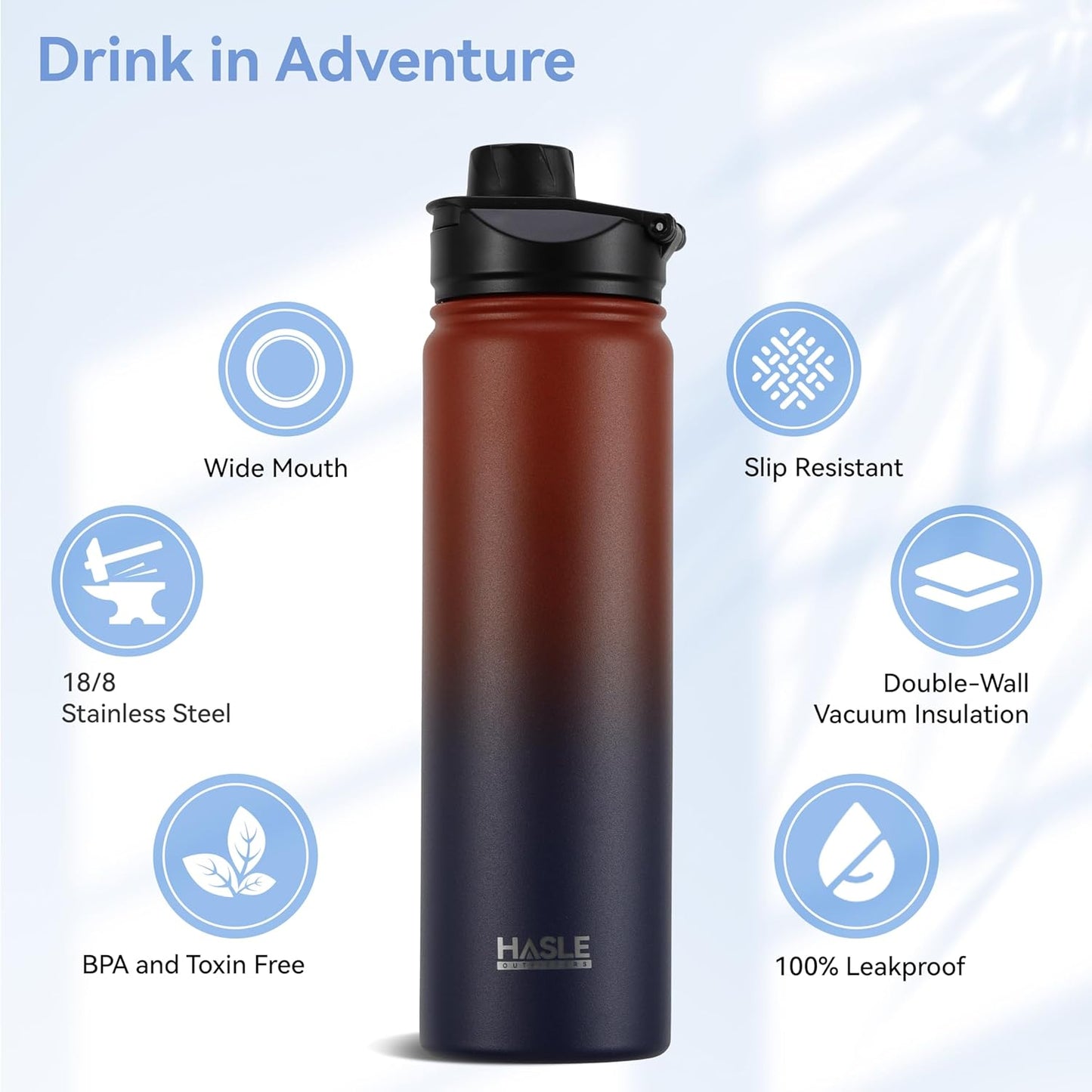 HASLE OUTFITTERS Insulated Water Bottle 22 oz Double Wall Stainless Steel Water Bottle Wide Mouth with Straw Lid & Spout Lid Keeps Cold or Hot(Ruby Purple Gradient,1)