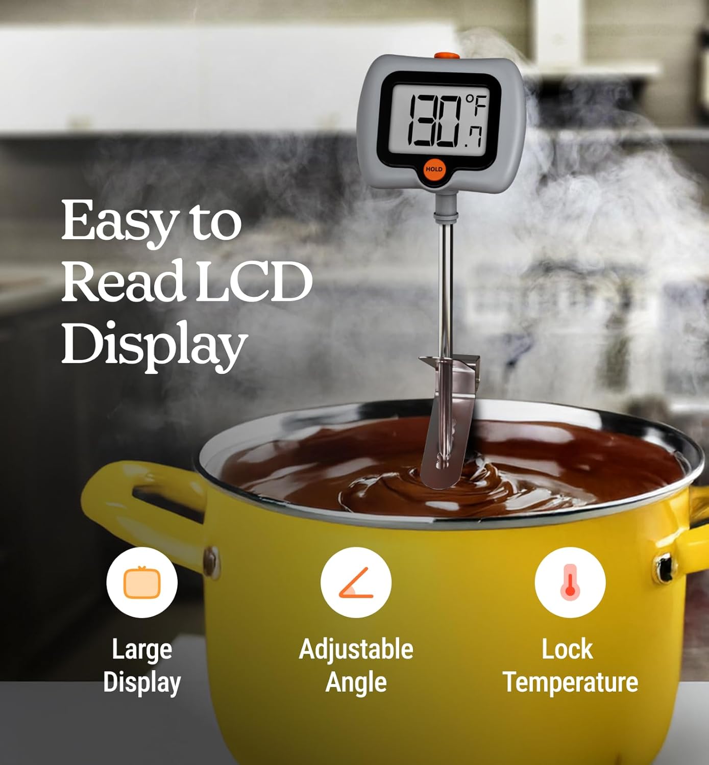 Digital Candy Thermometer with Pot Clip, 10" Long Stainless Steel Probe, Instant Read Kitchen Thermometer for Cooking, Baking, and Candy Making (Gray)